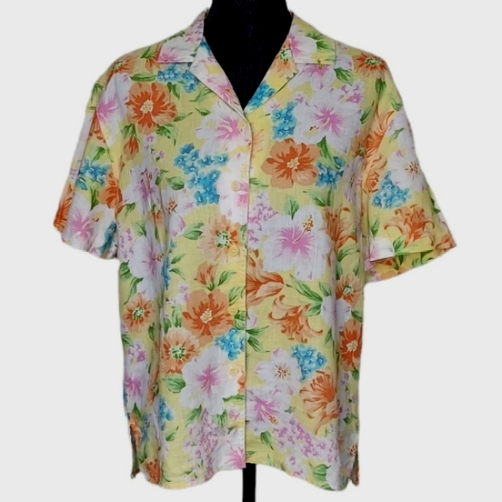 Jones New York Sport 100% Linen Tropical Print Button Down Shirt Size Large